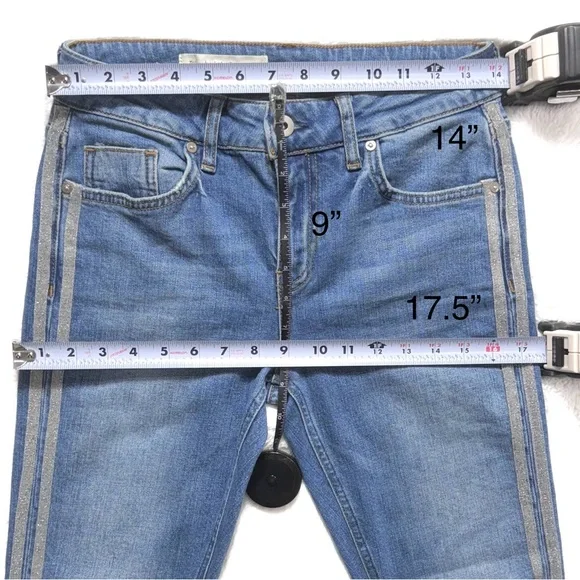 Anthropologie Shimmer Metallic Silver Racer Side Stripe Fringe Hem Cropped Jeans - Picture 13 of 15